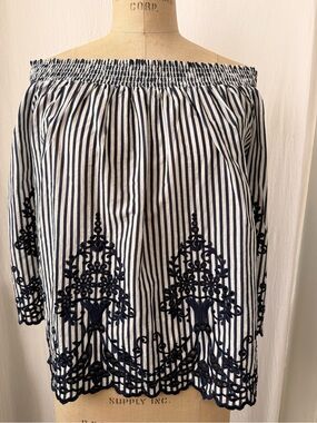 Orsay, Cotton Bare Shoulder, Striped, Embroidered Top, sz 38 (US 6)